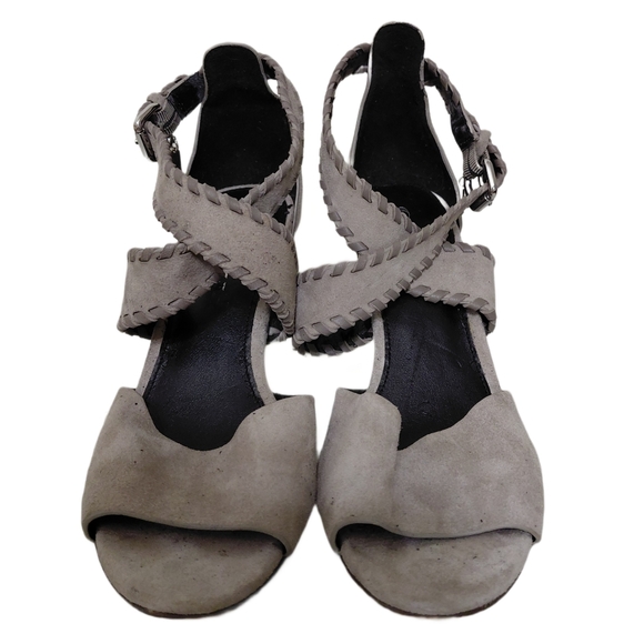 Coach Henny Light Gray Crisscross Ankle Whipstitch Open Toe Buckled Heels sz 6.5 - Picture 3 of 13